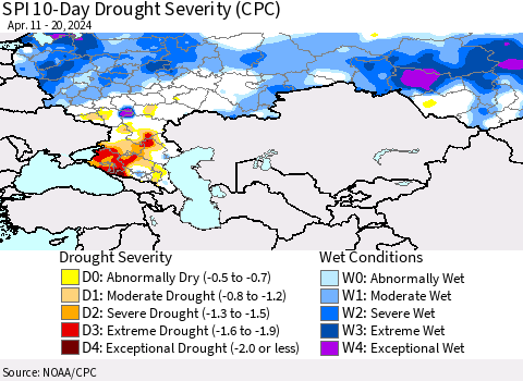 Russian Federation SPI 10-Day Drought Severity (CPC) Thematic Map For 4/11/2024 - 4/20/2024