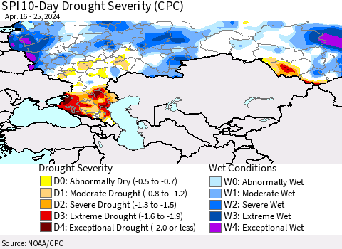 Russian Federation SPI 10-Day Drought Severity (CPC) Thematic Map For 4/16/2024 - 4/25/2024