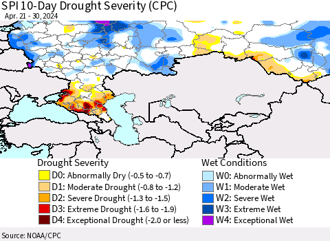 Russian Federation SPI 10-Day Drought Severity (CPC) Thematic Map For 4/21/2024 - 4/30/2024