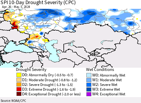 Russian Federation SPI 10-Day Drought Severity (CPC) Thematic Map For 4/26/2024 - 5/5/2024