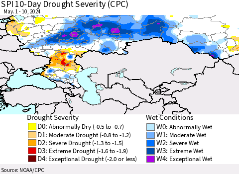 Russian Federation SPI 10-Day Drought Severity (CPC) Thematic Map For 5/1/2024 - 5/10/2024