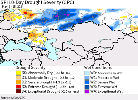 Russian Federation SPI 10-Day Drought Severity (CPC) Thematic Map For 5/6/2024 - 5/15/2024