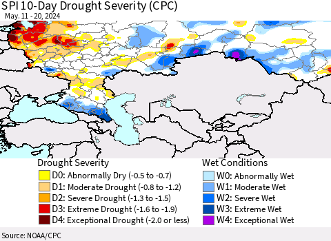 Russian Federation SPI 10-Day Drought Severity (CPC) Thematic Map For 5/11/2024 - 5/20/2024