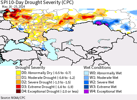 Russian Federation SPI 10-Day Drought Severity (CPC) Thematic Map For 5/16/2024 - 5/25/2024