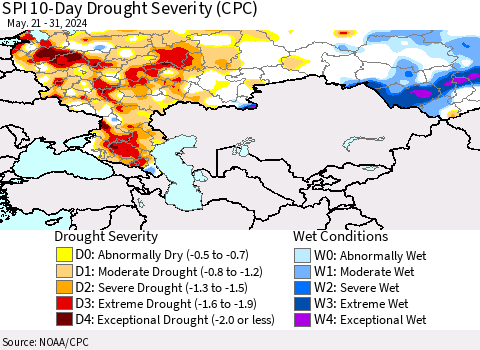 Russian Federation SPI 10-Day Drought Severity (CPC) Thematic Map For 5/21/2024 - 5/31/2024
