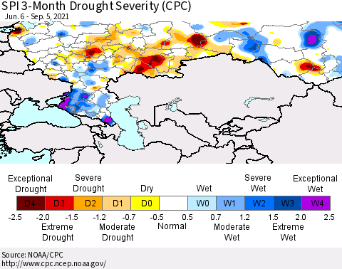 Russian Federation SPI 3-Month Drought Severity (CPC) Thematic Map For 6/6/2021 - 9/5/2021