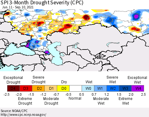 Russian Federation SPI 3-Month Drought Severity (CPC) Thematic Map For 6/11/2021 - 9/10/2021