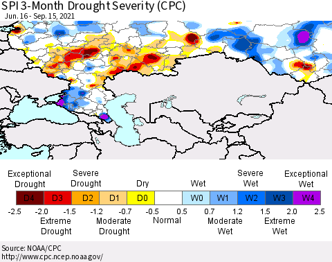Russian Federation SPI 3-Month Drought Severity (CPC) Thematic Map For 6/16/2021 - 9/15/2021