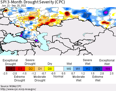 Russian Federation SPI 3-Month Drought Severity (CPC) Thematic Map For 6/21/2021 - 9/20/2021