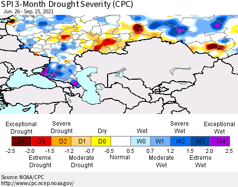 Russian Federation SPI 3-Month Drought Severity (CPC) Thematic Map For 6/26/2021 - 9/25/2021