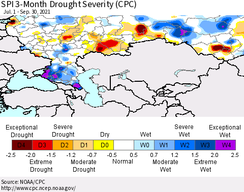 Russian Federation SPI 3-Month Drought Severity (CPC) Thematic Map For 7/1/2021 - 9/30/2021