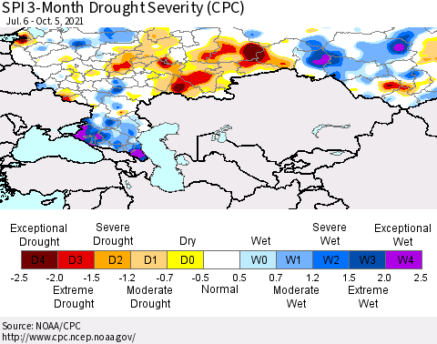 Russian Federation SPI 3-Month Drought Severity (CPC) Thematic Map For 7/6/2021 - 10/5/2021