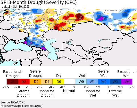 Russian Federation SPI 3-Month Drought Severity (CPC) Thematic Map For 7/11/2021 - 10/10/2021