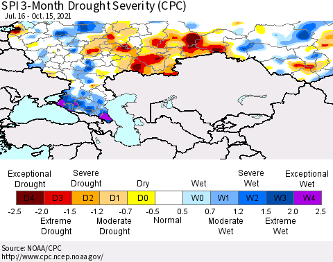 Russian Federation SPI 3-Month Drought Severity (CPC) Thematic Map For 7/16/2021 - 10/15/2021