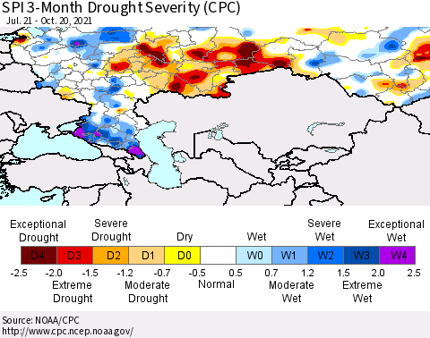 Russian Federation SPI 3-Month Drought Severity (CPC) Thematic Map For 7/21/2021 - 10/20/2021