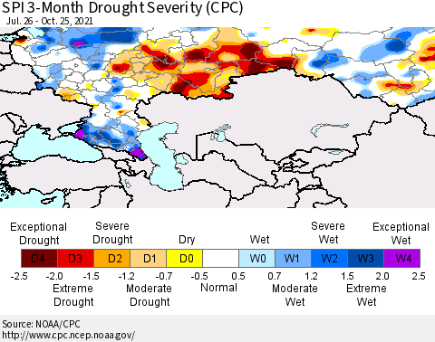 Russian Federation SPI 3-Month Drought Severity (CPC) Thematic Map For 7/26/2021 - 10/25/2021