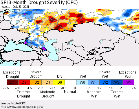 Russian Federation SPI 3-Month Drought Severity (CPC) Thematic Map For 8/1/2021 - 10/31/2021