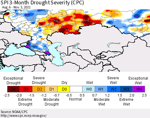Russian Federation SPI 3-Month Drought Severity (CPC) Thematic Map For 8/6/2021 - 11/5/2021