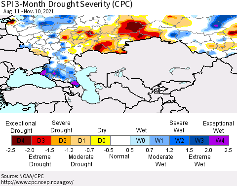 Russian Federation SPI 3-Month Drought Severity (CPC) Thematic Map For 8/11/2021 - 11/10/2021