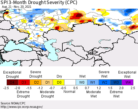 Russian Federation SPI 3-Month Drought Severity (CPC) Thematic Map For 8/21/2021 - 11/20/2021