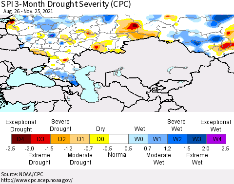 Russian Federation SPI 3-Month Drought Severity (CPC) Thematic Map For 8/26/2021 - 11/25/2021