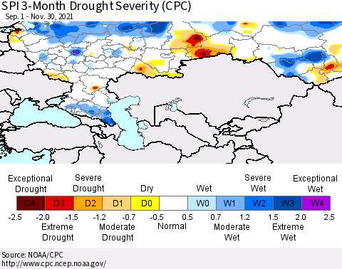 Russian Federation SPI 3-Month Drought Severity (CPC) Thematic Map For 9/1/2021 - 11/30/2021