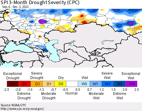 Russian Federation SPI 3-Month Drought Severity (CPC) Thematic Map For 9/6/2021 - 12/5/2021