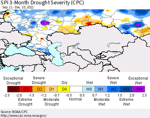 Russian Federation SPI 3-Month Drought Severity (CPC) Thematic Map For 9/11/2021 - 12/10/2021