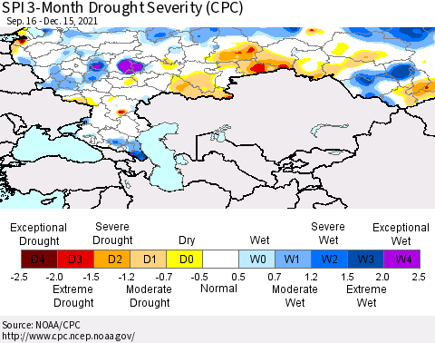 Russian Federation SPI 3-Month Drought Severity (CPC) Thematic Map For 9/16/2021 - 12/15/2021