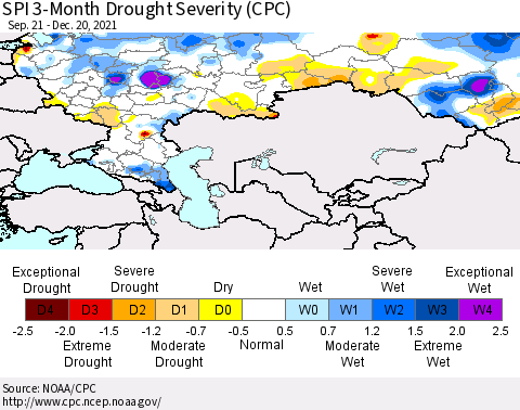 Russian Federation SPI 3-Month Drought Severity (CPC) Thematic Map For 9/21/2021 - 12/20/2021