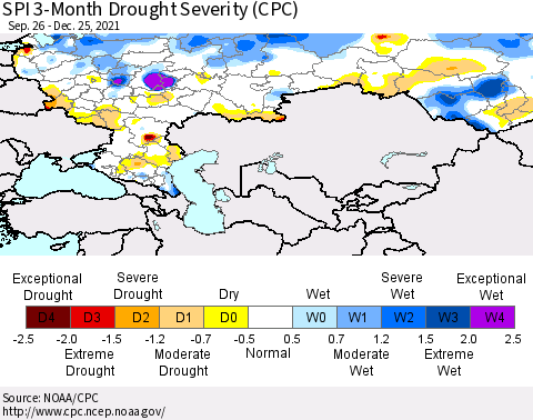 Russian Federation SPI 3-Month Drought Severity (CPC) Thematic Map For 9/26/2021 - 12/25/2021