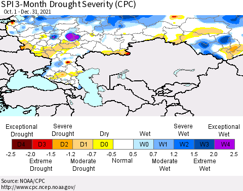 Russian Federation SPI 3-Month Drought Severity (CPC) Thematic Map For 10/1/2021 - 12/31/2021