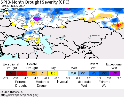 Russian Federation SPI 3-Month Drought Severity (CPC) Thematic Map For 10/6/2021 - 1/5/2022