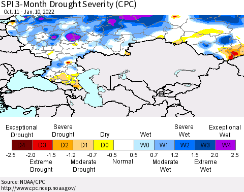 Russian Federation SPI 3-Month Drought Severity (CPC) Thematic Map For 10/11/2021 - 1/10/2022