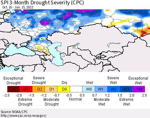 Russian Federation SPI 3-Month Drought Severity (CPC) Thematic Map For 10/16/2021 - 1/15/2022