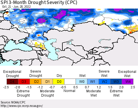 Russian Federation SPI 3-Month Drought Severity (CPC) Thematic Map For 10/21/2021 - 1/20/2022