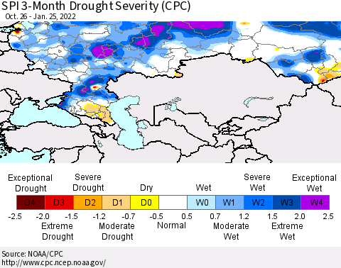 Russian Federation SPI 3-Month Drought Severity (CPC) Thematic Map For 10/26/2021 - 1/25/2022