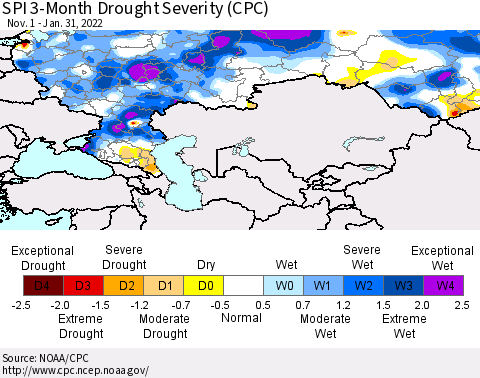 Russian Federation SPI 3-Month Drought Severity (CPC) Thematic Map For 11/1/2021 - 1/31/2022