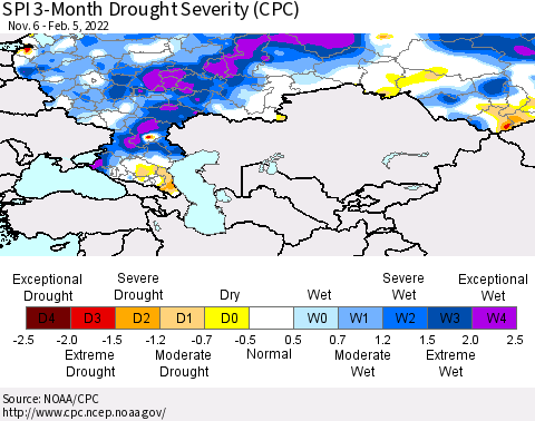 Russian Federation SPI 3-Month Drought Severity (CPC) Thematic Map For 11/6/2021 - 2/5/2022
