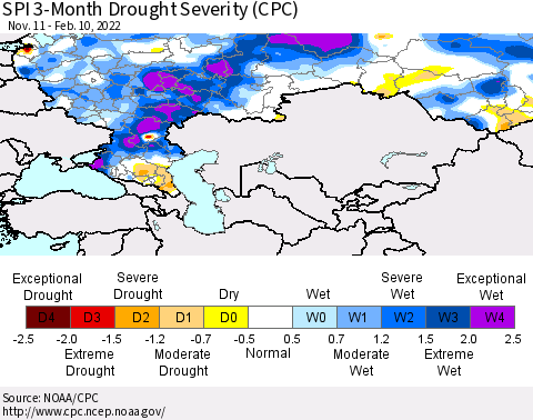 Russian Federation SPI 3-Month Drought Severity (CPC) Thematic Map For 11/11/2021 - 2/10/2022