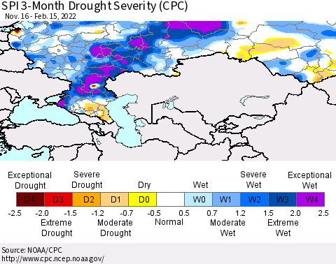 Russian Federation SPI 3-Month Drought Severity (CPC) Thematic Map For 11/16/2021 - 2/15/2022