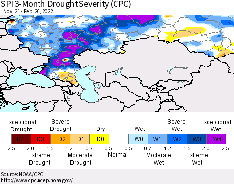 Russian Federation SPI 3-Month Drought Severity (CPC) Thematic Map For 11/21/2021 - 2/20/2022