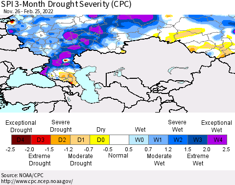 Russian Federation SPI 3-Month Drought Severity (CPC) Thematic Map For 11/26/2021 - 2/25/2022