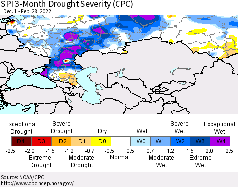 Russian Federation SPI 3-Month Drought Severity (CPC) Thematic Map For 12/1/2021 - 2/28/2022