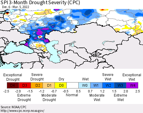 Russian Federation SPI 3-Month Drought Severity (CPC) Thematic Map For 12/6/2021 - 3/5/2022