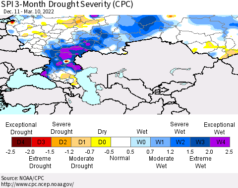 Russian Federation SPI 3-Month Drought Severity (CPC) Thematic Map For 12/11/2021 - 3/10/2022