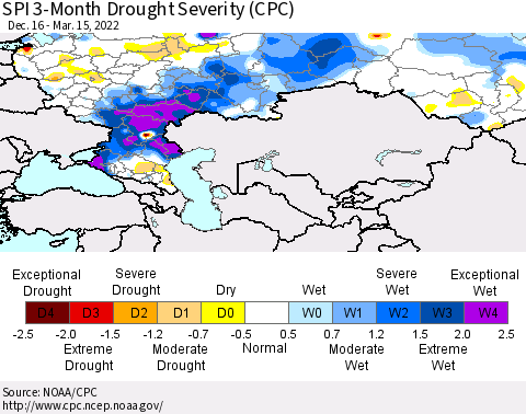 Russian Federation SPI 3-Month Drought Severity (CPC) Thematic Map For 12/16/2021 - 3/15/2022