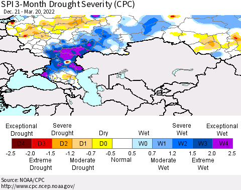 Russian Federation SPI 3-Month Drought Severity (CPC) Thematic Map For 12/21/2021 - 3/20/2022