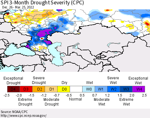 Russian Federation SPI 3-Month Drought Severity (CPC) Thematic Map For 12/26/2021 - 3/25/2022