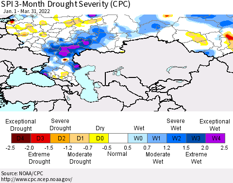 Russian Federation SPI 3-Month Drought Severity (CPC) Thematic Map For 1/1/2022 - 3/31/2022